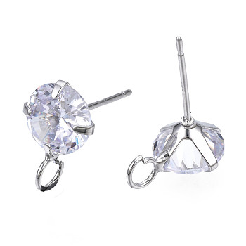 Brass Micro Clear Cubic Zirconia Stud Earring Findings, with Loop, Nickel Free, Real Platinum Plated, 12x8mm, Hole: 2mm, Pin: 0.7mm