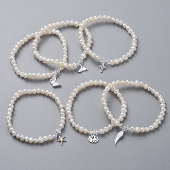 Natural Freshwater Pearl Beads Stretch Bracelets, with 925 Sterling Silver Charms, Austrian Crystal Beads and Cardboard Boxes, White, 2 inch(5.2cm)