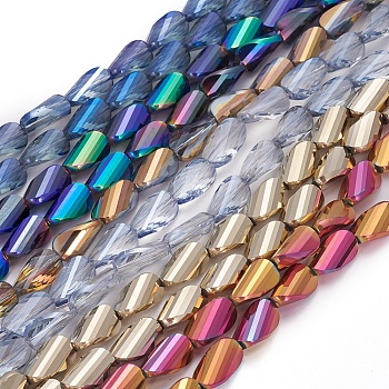 Electroplate Glass Beads Strands, Faceted, Twisted Teardrop, Mixed Color, 13.5x8x5.5mm, Hole: 1mm, about 50pcs/strand, 26.38 inch(67cm)