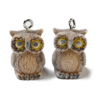 Flocky Resin Pendants, Cute Animal Charms with Platinum Plated Iron Loops, Owl, 28x16x20mm, Hole: 2mm