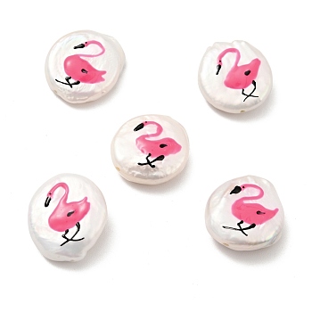 Natural Culture Freshwater Pearl Beads, with Enamel, Flat Round with Flamingo Pattern, Deep Pink, 18~19x15~17x4~6mm, Hole: 1mm