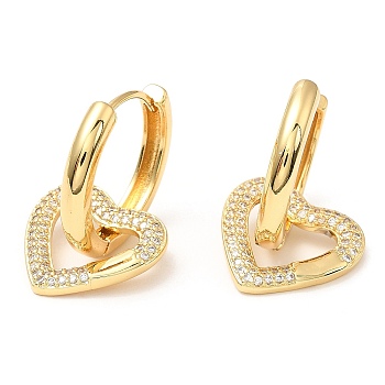 Rack Plating Brass Heart Dangle Hoop Earrings with Cubic Zirconia, Lead Free & Cadmium Free, Real 18K Gold Plated, 28.5mm