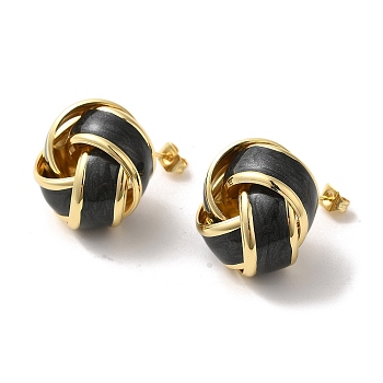 Real 18K Gold Plated Brass Enamel Stud Earrings for Women, Knot, Black, 21x20.5mm