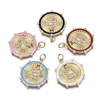 Brass Micro Pave Clear Cubic Zirconia Pendants, with Enamel and Jump Rings, Cadmium Free & Nickel Free & Lead Free, Real 16K Gold Plated, Flat Round with Snake, Mixed Color, 24.5x22x2.5mm, Jump Ring: 5x1mm, 3mm inner diameter