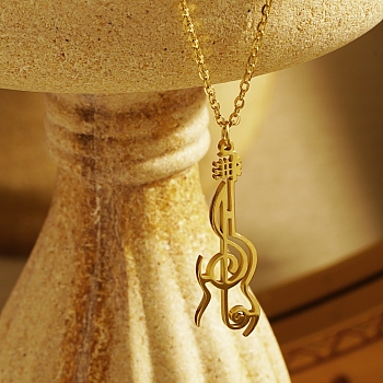 Guitar with Treble Clef Pendant Necklace, Stainless Steel Cable Chain Necklaces for Women
