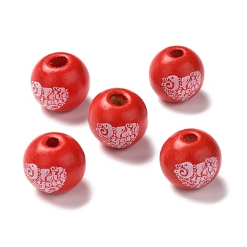 Printed Wood European Beads, Large Hole Beads, Round with Word I Love You Pattern, Dyed, Red, 16.5~17x15mm, Hole: 3~5mm