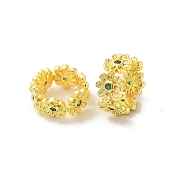Rack Plating Brass Beads, with Cubic Zirconia, Long-Lasting Plated, Lead Free & Cadmium Free, Rings with Flower, Green, 11.5x10x5mm, Hole: 7x8mm