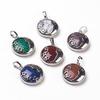 Natural & Synthetic Mixed Stone Pendants, with Brass Findings, Flat Round with Star, Platinum, 27x23x6.5mm, Hole: 5x8mm