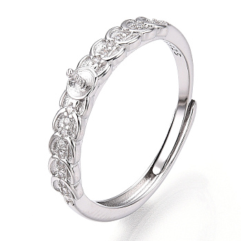 925 Sterling Silver Micro Pave Cubic Zirconia Adjustable Ring Settings, for Half Drilled Beads, with S925 Stamp, Real Platinum Plated, US Size 7 3/4(17.9mm), Pin: 1mm