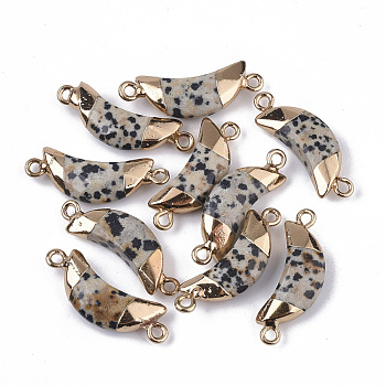 Natural Dalmatian Jasper Links connectors, with Both Ends Golden Plated Iron Loops, Faceted, Moon, 27~31x10x5~6mm, Hole: 2mm