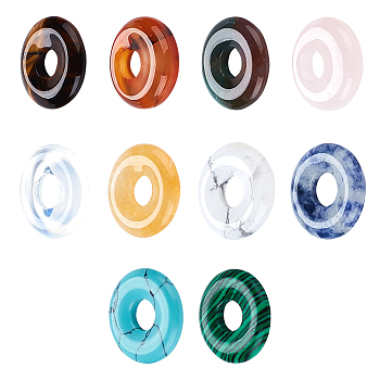 10Pcs 10 Styles Natural & Synthetic Gemstone Pendants, Donut/Pi Disc Charm, Mixed Dyed and Undyed, 18x4.5~5.5mm, Hole: 5.5mm, 1pc/style