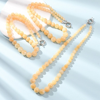 Natural Yellow Jade Graduated Beaded Necklaces, Round, with Brass End Chains, Platinum, 18.90 inch(48cm)