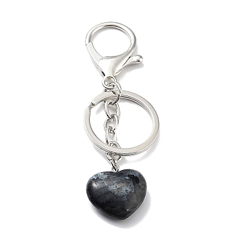 Natural Labradorite Keychain, with Platinum Plated Iron Split Key Rings, Heart, 9~9.2cm