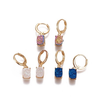 Electroplated Natural Druzy Agate Dangle Hoop Earrings, with Brass Findings, Long-Lasting Plated, Rectangle, Golden, Mixed Color, 8x6x5mm, Pin: 1mm