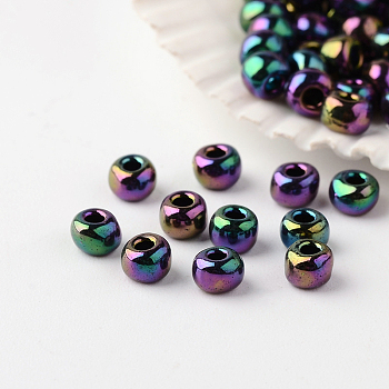 6/0 Grade A Round Glass Seed Beads, Metallic Colours Iris, Multi-color Plated, 6/0, 4x3mm, Hole: 1mm, about 4800pcs/pound