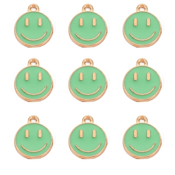 Alloy Enamel Charms, Flat Round with Smiling Face, Light Green, 14.5x12x1.5mm, Hole: 1.5mm