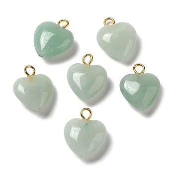 Natural Green Aventurine Pendants, Heart Charms with Golden Plated Brass Loops, 15~15.5x12~12.5x4.5~5.5mm, Hole: 2mm