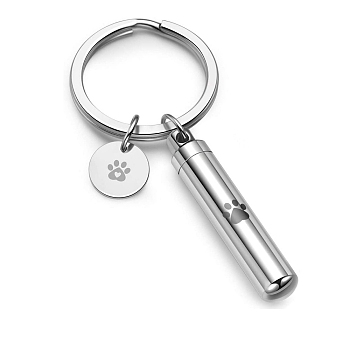Column Openable Pet Memorial Urn Ashes Stainless Steel Pendant Keychain, Flat Round with Paw Print Keychain, Stainless Steel Color, Column: 38x8mm, Flat round: 15mm in diameter, Ring: 25mm