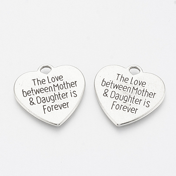Tibetan Style Alloy Quote Pendants, Heart with Word, Cadmium Free & Lead Free,, Antique Silver, 24.5x25x1.5mm, Hole: 2.5mm