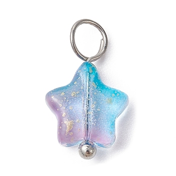 Glass Pendant, with Brass Findings, Star, Sky Blue, 13.5~14x8x4mm, Hole: 3mm