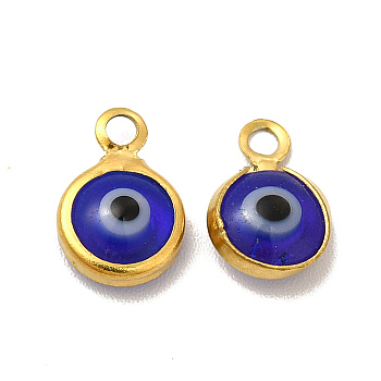 Ion Plating(IP) 304 Stainless Steel with Glass Enamel Charms, Real 18K Gold Plated, Flat Round with Evil Eye Pattern, Medium Blue, 9.5x6.5x2.5mm, Hole: 1.6mm