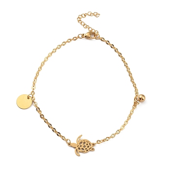 Ion Plating(IP) 304 Stainless Steel Tortoise Link Anklet with Ball Charms for Women, Golden, 8-7/8~9-1/4 inch(22.5~23.5cm)