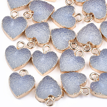Electroplate Druzy Resin Pendants, with Iron Findings, Heart, Light Gold, Light Steel Blue, 15x12x3.5~4mm, Hole: 1mm