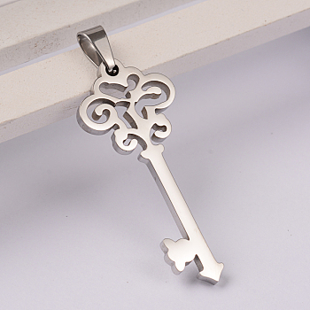 Key 304 Stainless Steel Pendants, Stainless Steel Color, 40x16x2mm, Hole: 7x3mm
