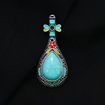 Synthetic Turquoise Musical Instrument Pipa Brooch with Enamel, Platinum Alloy Lapel Pin for Women, 65x27mm