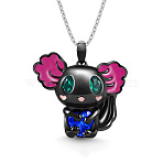Alloy Deep Pink Enamel Animal Axolotl Pendant Necklaces for Women, with Capri Blue Rhinestone, Black, 17.72 inch(45cm)(FS-WGED7AD-01)