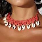Bohemian Handmade Woven Polyester Cord Natural Cowrie Shell Tassel Choker Necklaces for Women, Salmon, 15.75~23.62 inch(40~60cm)(FS-WGB5F2D-10)