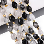 Natural Tourmalinated Quartz Beads Strands, Faceted, Oval, with Seed Beads, 8~9x6~8mm, Hole: 1~1.2mm, about 17~19pcs/strand, 7.09~7.87 inch(18~20cm)(G-N342-53-8x6-02)