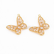 Brass Micro Pave Clear Cubic Zirconia Pendants, Butterfly, Real 18K Gold Plated, 19x22.5x4.5mm, Hole: 1.2mm(X-ZIRC-S068-042-NF)