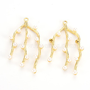 Rack Plating Alloy Pendants, with ABS Plastic Imitation Pearl Beads, Branch, Light Gold, 43x24x5mm, Hole: 1.8mm(PALLOY-Q433-004-RS)