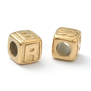 304 Stainless Steel European Beads, Large Hole Beads, Horizontal Hole, Cube with Letter, Golden, Letter.R, 8x8x8mm, Hole: 4mm(STAS-H145-01R-G)