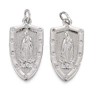 Brass Micro Pave Clear Cubic Zirconia Pendants, Lady of Guadalupe Charms, with Jump Rings, Long-Lasting Plated, for Religion, Shield with Virgin Mary, Real Platinum Plated, 24x12x2mm, Hole: 3mm(KK-F821-17P)