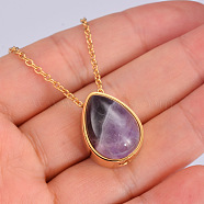 Natural Amethyst Teardrop Urn Ashes Pendant Necklace, Stainless Steel Memorial Jewelry for Women, Golden, 19.69 inch(50cm)(BOTT-PW0005-23F)