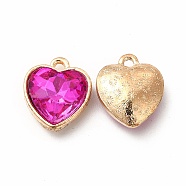 Faceted Glass Rhinestone Pendants, with Golden Tone Zinc Alloy Findings, Heart Charms, Fuchsia, 16.5x14x6.5mm, Hole: 1.6mm(GLAA-I051-B20)