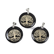 Natural Lava Rock Flat Round Pendants, Tree of Life Charms with Rack Plating Platinum Tone Brass Snap on Bails, Cadmium Free & Lead Free, 30.5~32x25~25.5x6.5~7.5mm, Hole: 4.5x3.5mm(G-Q188-01P-15)