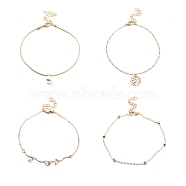 4Pcs 4 Style Alloy Chain Anklets Set, Resin Pearl and Flat Round Charm Anklets for Women, Light Gold, 8.46~9.25 inch(21.5~23.5cm)(SJEW-D009-06KCG)