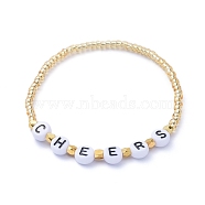 Glass Seed Beads Stretch Bracelets, with Acrylic Beads and Golden Plated Brass Spacer Beads, Word Cheers, Gold, Inner Diameter: 2-1/4 inch(5.6cm)(BJEW-JB05245-05)