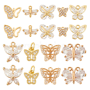 AHADERMAKER 18Pcs 9 Styles Brass Pave Clear Cubic Zirconia Pendants, Butterfly Charm, Mixed Shapes, Golden, 6~13.5x6~15x2~6mm, Hole: 0.8~3.5mm, 2pcs/style(KK-GA0001-30)