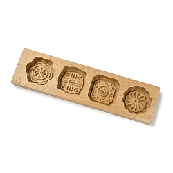 Flower Pattern Beech Wooden Press Mooncake Mold, Chinese Characters Pastry Mould, 4 Cavities Cake Mold Baking, BurlyWood, 255x68x18mm, Inner Diameter: 47~50.5x50.5~53mm(WOOD-K010-04B)