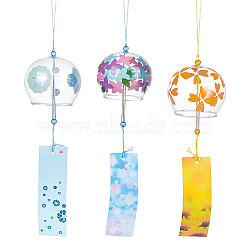 3Pcs 3 Style Glass Wind Chimes, Flower Pattern Small Wind Bells with Paper Card, Suncatcher for Garden Window Party Hanging Decors, Mixed Color, 385~400mm, 1pc/style(DJEW-BC0001-15)