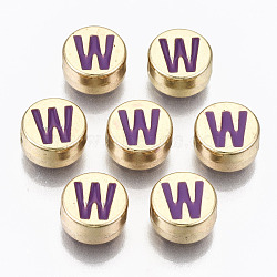 Alloy Enamel Beads, Cadmium Free & Lead Free, Flat Round with Initial Letters, Light Gold, Dark Orchid, Letter.W, 8x4mm, Hole: 1.5mm(X-ENAM-S122-029W-RS)