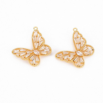 Brass Micro Pave Clear Cubic Zirconia Pendants, Butterfly, Real 18K Gold Plated, 19x22.5x4.5mm, Hole: 1.2mm