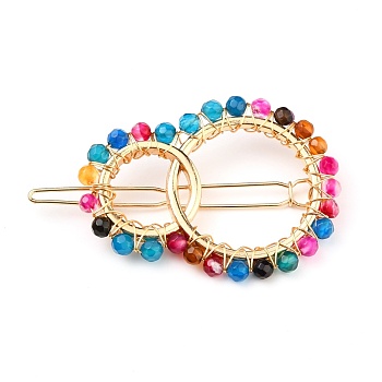 Alloy Hollow Geometric Natural Agate Beads Hair Barrettes, Ponytail Holder Statement, with Hair Accessories for Women, Interlink Rings Shape, 64mm, Rings: 54x40x4mm, Beads: 4~4.5mm