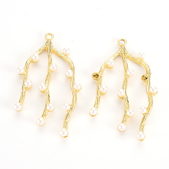 Rack Plating Alloy Pendants, with ABS Plastic Imitation Pearl Beads, Branch, Light Gold, 43x24x5mm, Hole: 1.8mm