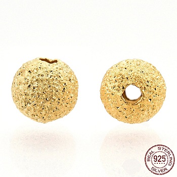 925 Sterling Silver Beads, Textured Round, Nickel Free, Real 18K Gold Plated, 4mm, Hole: 0.8~1mm