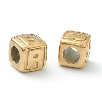 304 Stainless Steel European Beads, Large Hole Beads, Horizontal Hole, Cube with Letter, Golden, Letter.R, 8x8x8mm, Hole: 4mm